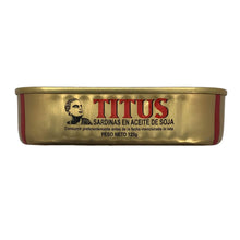 Load image into Gallery viewer, Side view of a can of titus sardines
